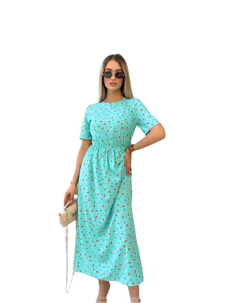 Bright Aqua Midi Dress with Floral Print and Short Sleeves