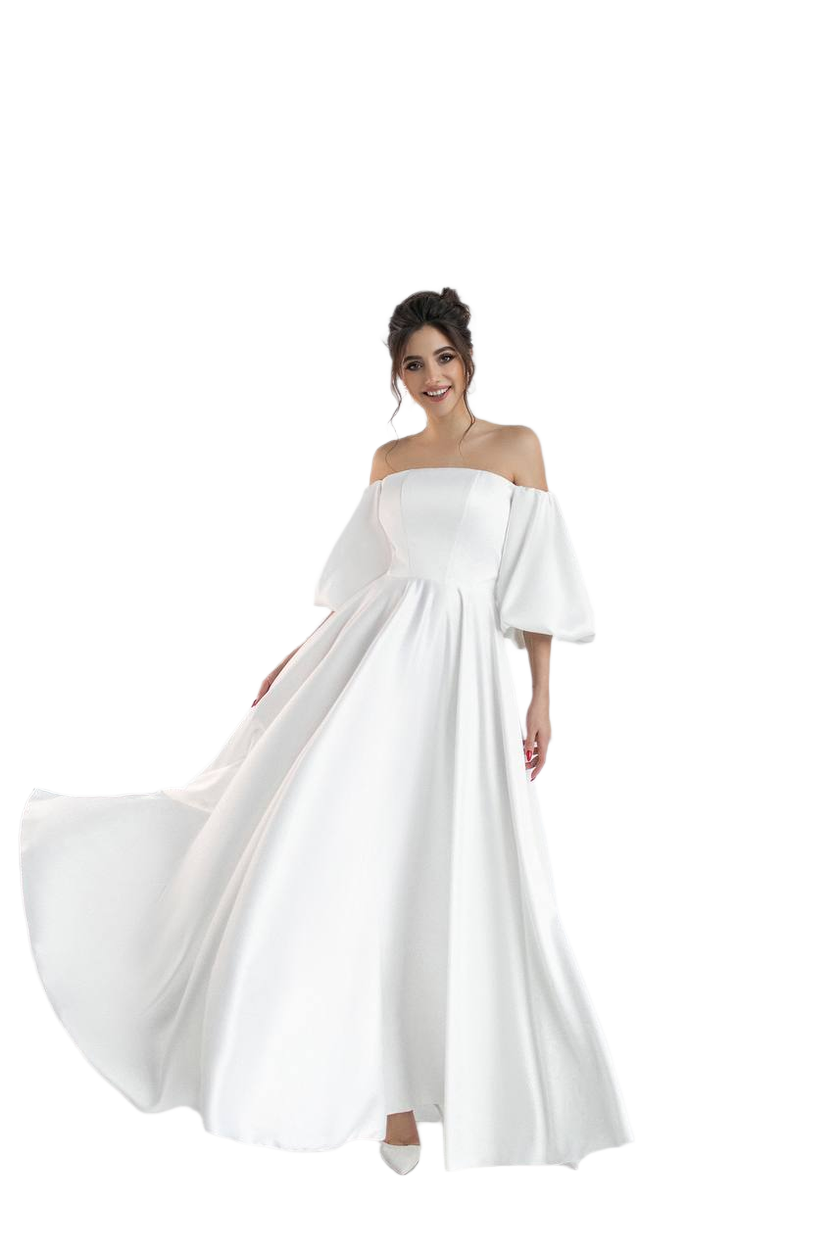 Elegant Off-Shoulder Premium Satin Bridal Dress with Puff Sleeves