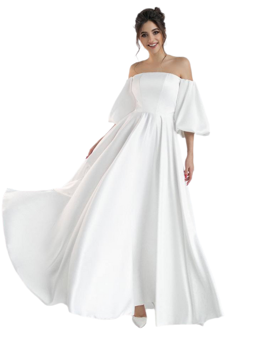 Elegant Off-Shoulder Premium Satin Bridal Dress with Puff Sleeves