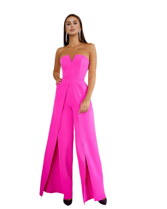 Raspberry Women Jumpsuit Bridal Wedding Bridesmaid Prom Graduation Rehearsal Dinner Corset Top Wide Pants Cullotes Palazzo