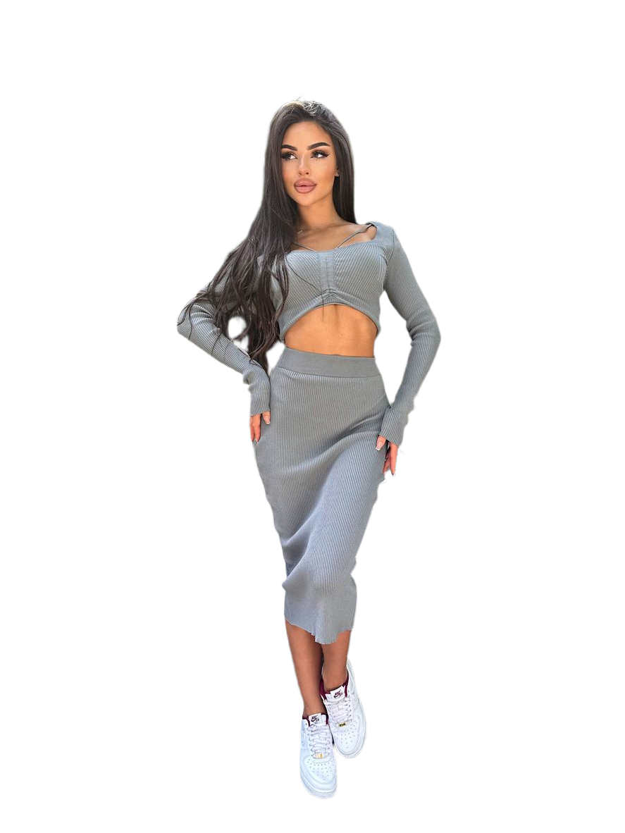 Womens Knitted Ribbed Two-Piece Suit Top and Skirt Set