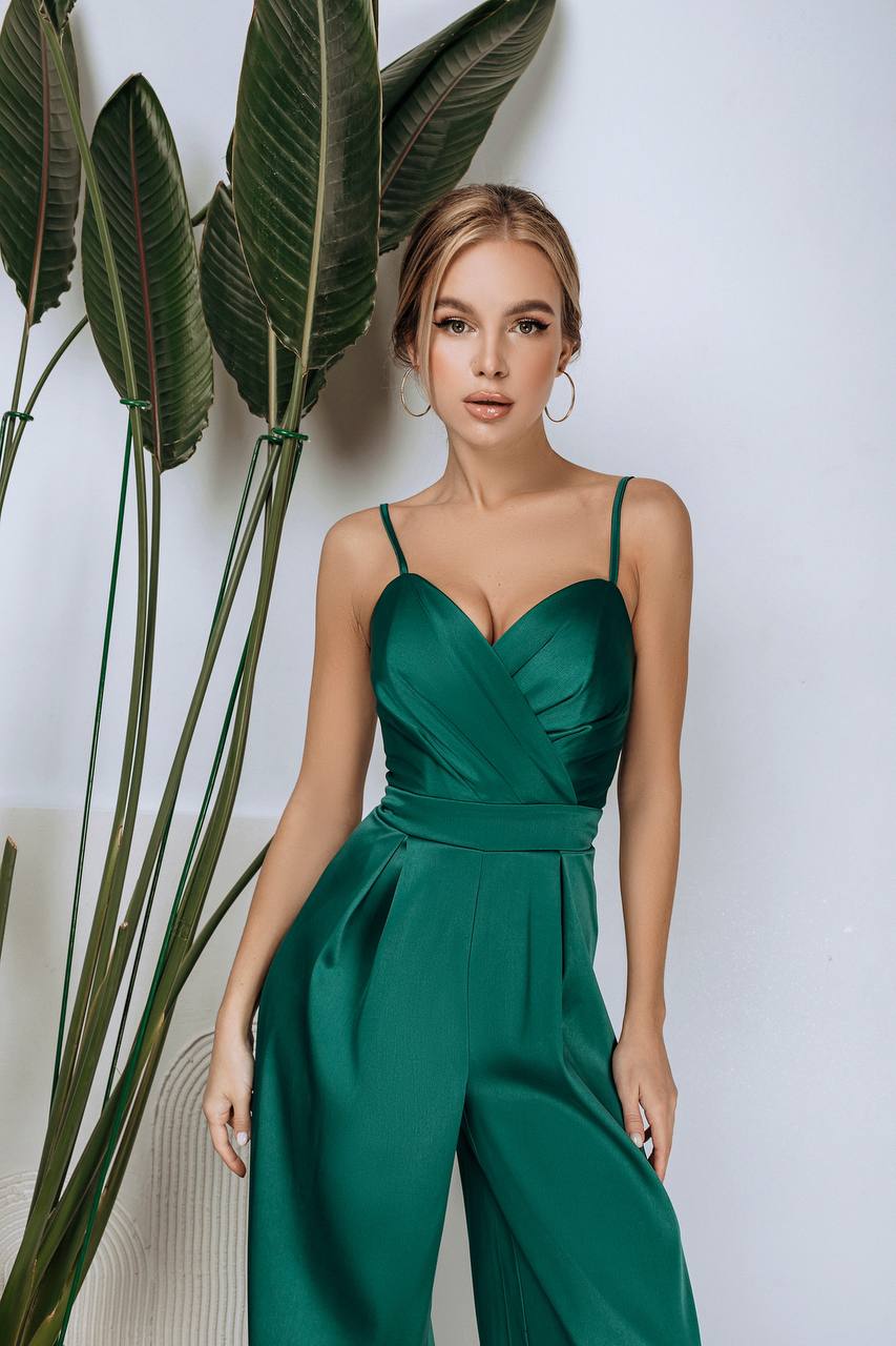 Women Mango Satin Jumpsuit Wide Leg Strappy Emerald Green