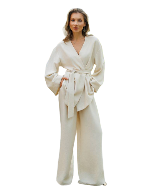 Boho Linen Wide Leg Pants and Belted Top Set for Women