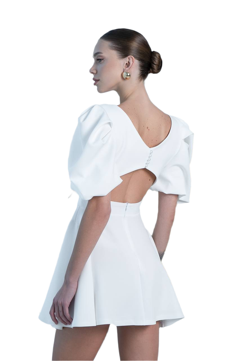 Elegant White Diagonal Crepe Dress with Puff Sleeves and Cutout Back