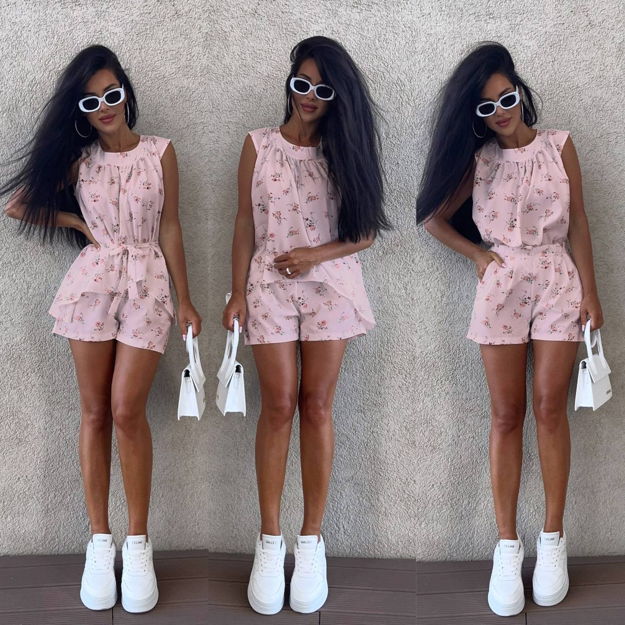 Three identical images of a woman wearing a pink floral outfit against a neutral background