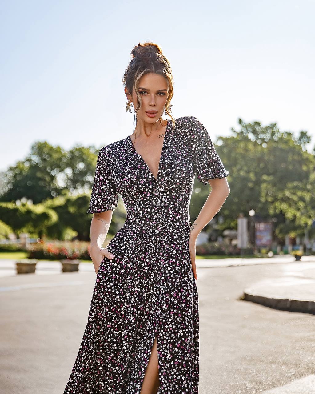 Floral Printed Staple Fabric Midi Dress for Women