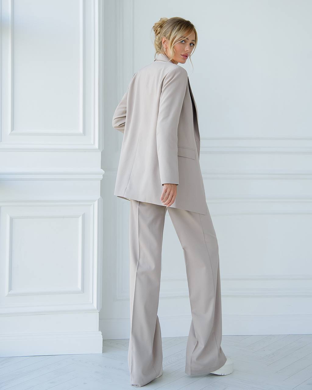 Womens Polished Tiar Lux Fabric Suit Beige Jacket and Pants