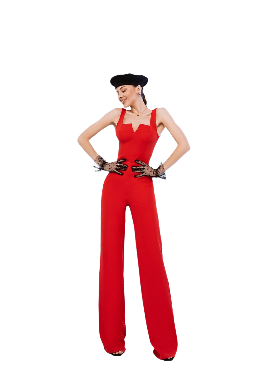 Womens Red Diagonal Crepe Jumpsuit Stylish Wide Leg Sleeveless