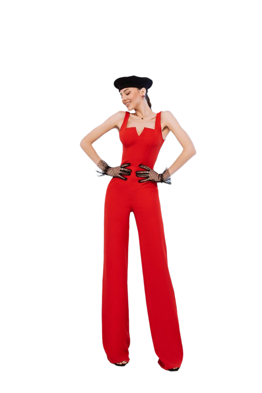 Womens Red Diagonal Crepe Jumpsuit Stylish Wide Leg Sleeveless