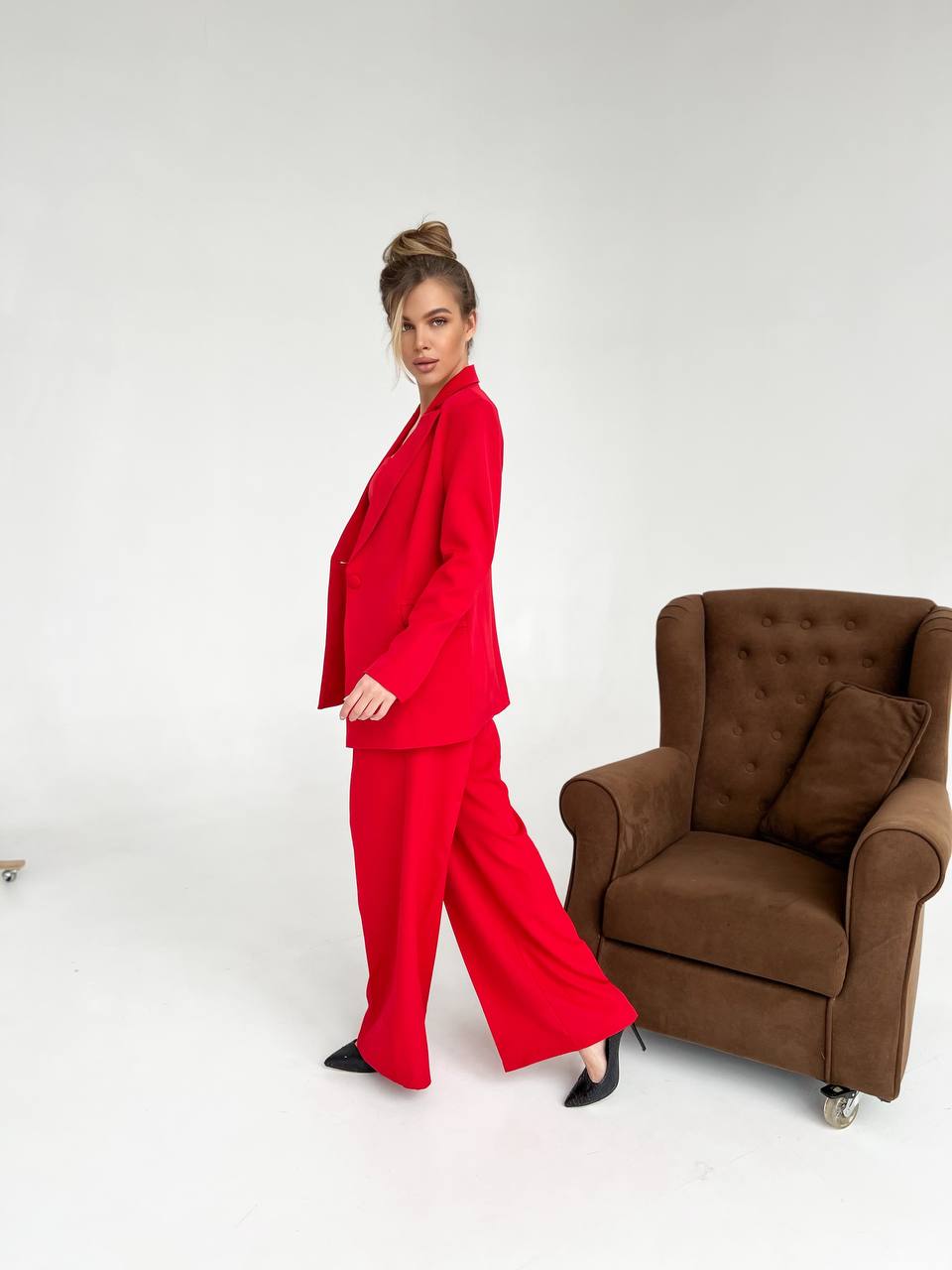 Red Diagonal Crepe Palazzo Suit Women Tailored Blazer Wide Leg Pants