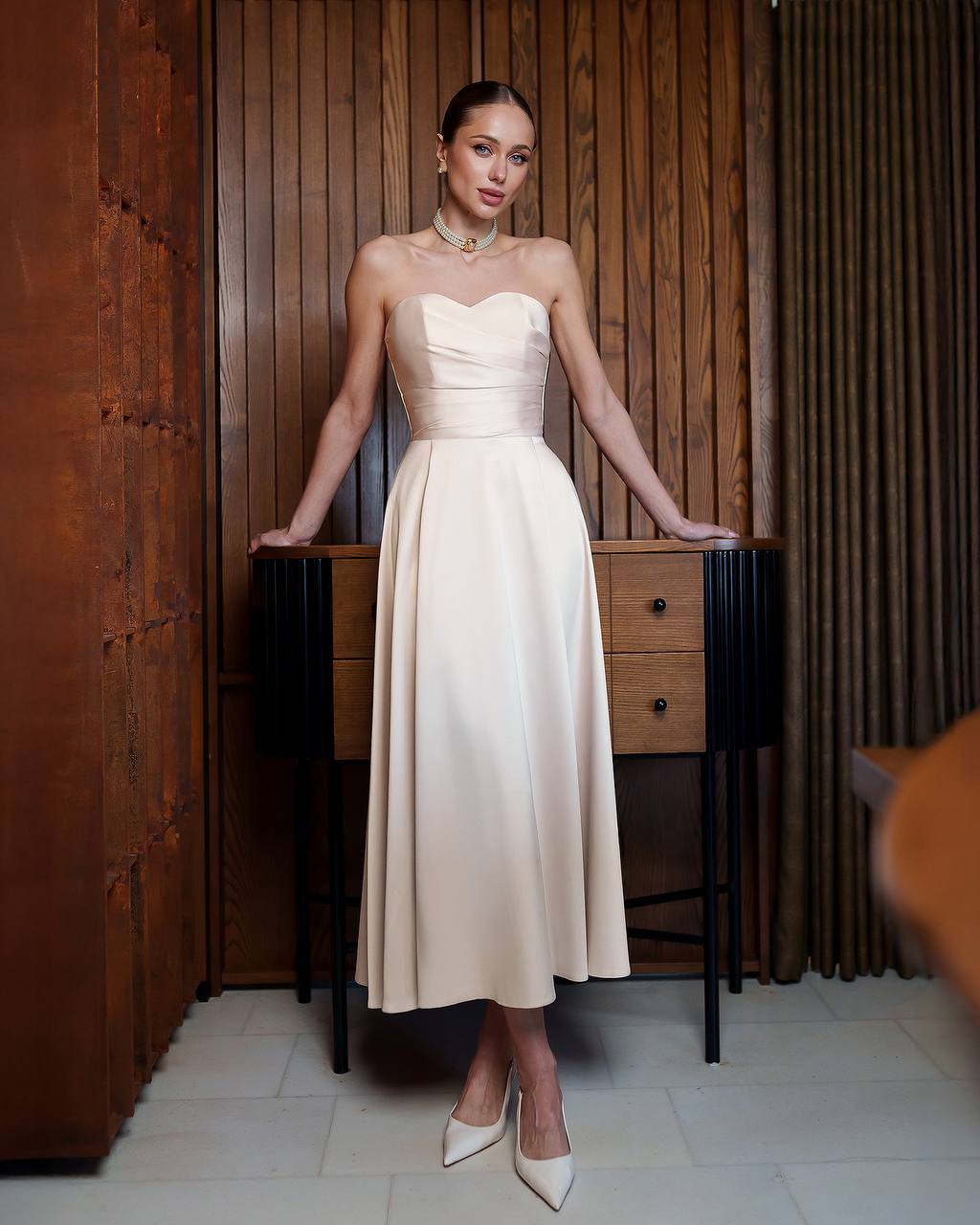 Elegant Premium Dense Satin Strapless Midi Dress for Women