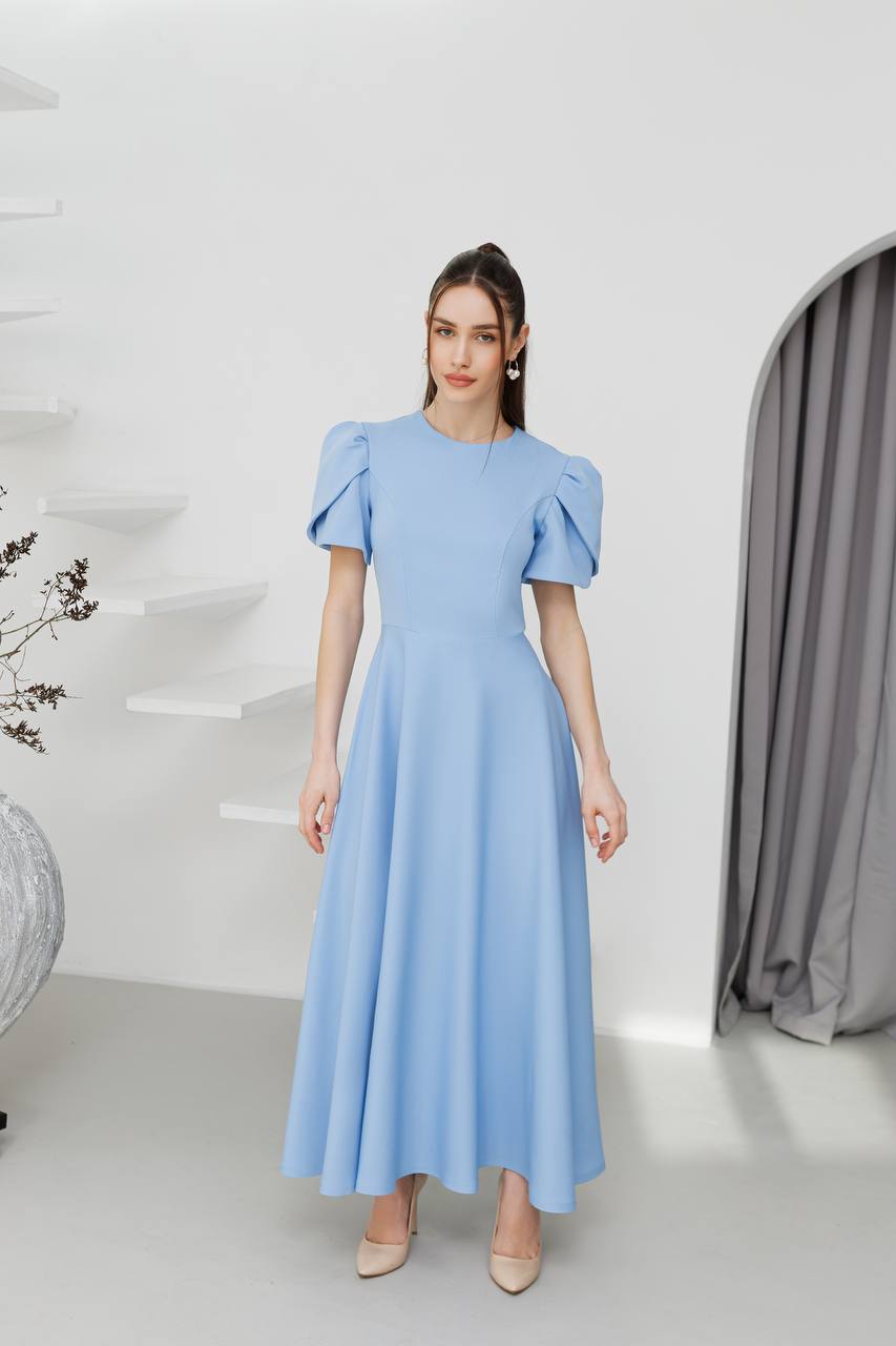 Elegant Diagonal Crepe Long Dress with Puff Sleeves for Women