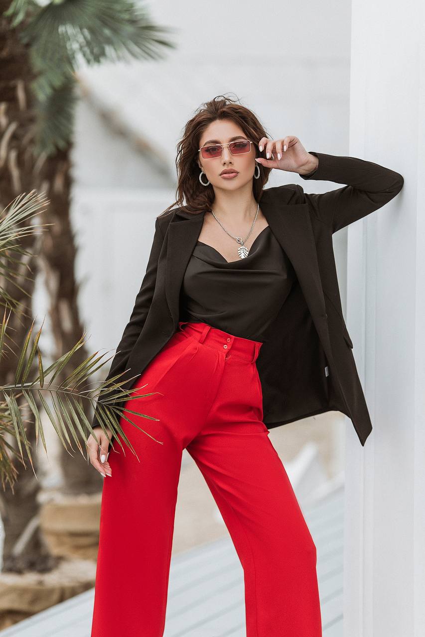 Women's High Waist Wide Leg Trousers in Suiting Crepe Diagonal Fabric
