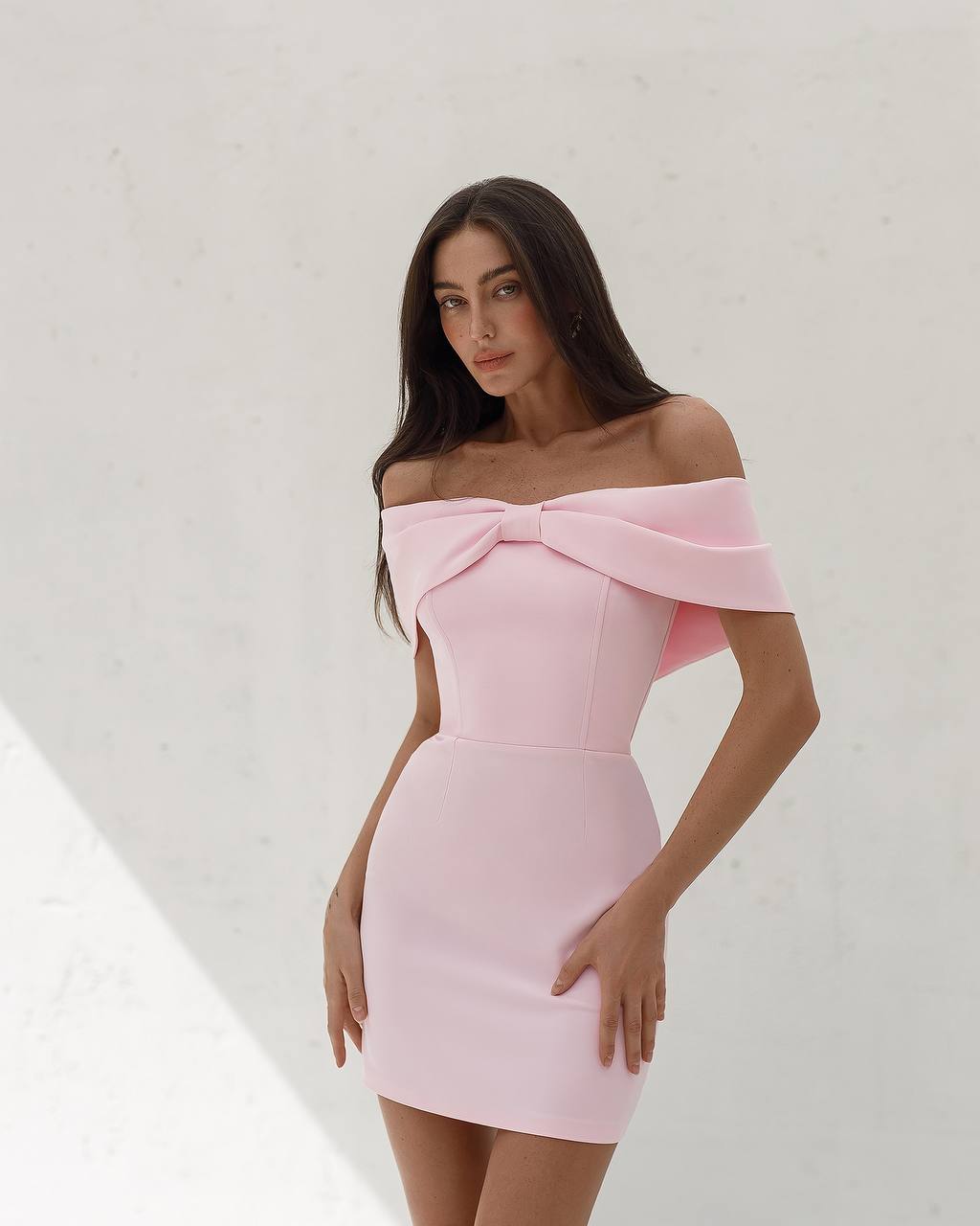 Elegant Off Shoulder Mini Dress with Corset Base in Powder Pink