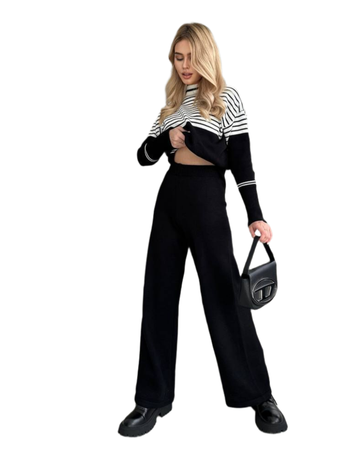 Womens Fine Knit Suit Black and White Striped Pullover and Pants