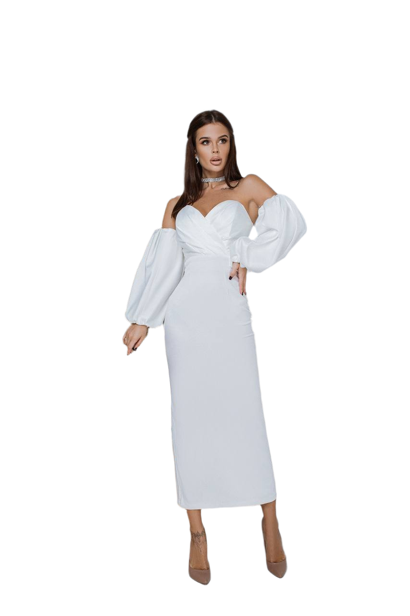 Women Dress Crystal Mango Satin Long Sleeve Off Shoulder Midi Dress