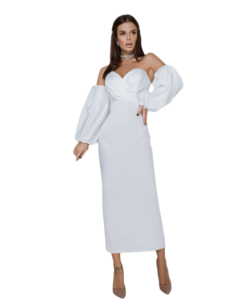 Women Dress Crystal Mango Satin Long Sleeve Off Shoulder Midi Dress