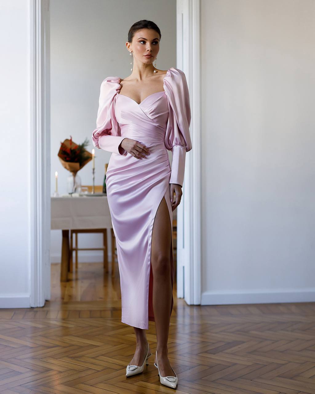 Elegant Pink Satin Midi Dress with Puff Sleeves and Side Slit