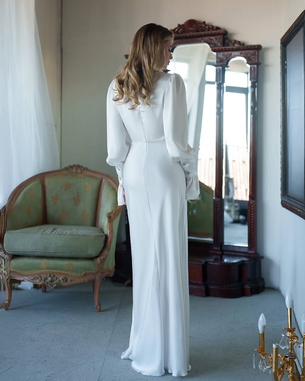 Elegant Long Satin Dress with Ruffle Sleeves for Women
