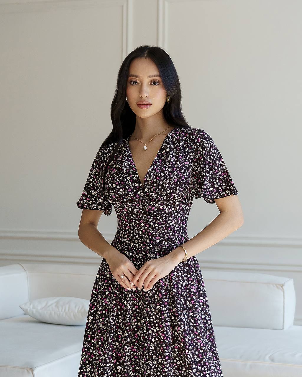 Floral Printed Staple Fabric Midi Dress for Women