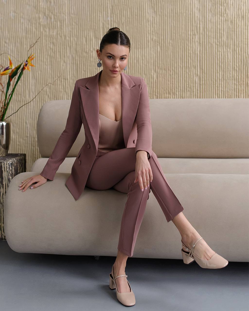 Brown Women Jacket Pants Suit Pantsuit Chic Oficial interview Elegant Cocktail Prom Graduation