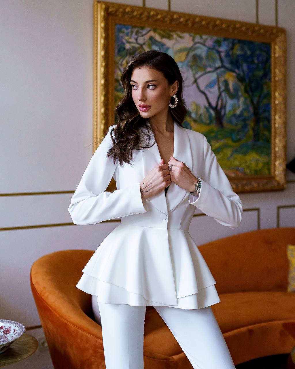 Premium Diagonal Crepe Women's Suit with Peplum Jacket and Straight Pants