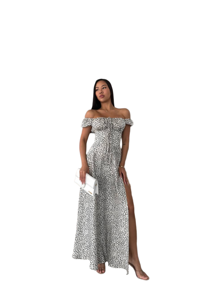 Women Off Shoulder Cotton Maxi Dress with Animal Print and Side Slit