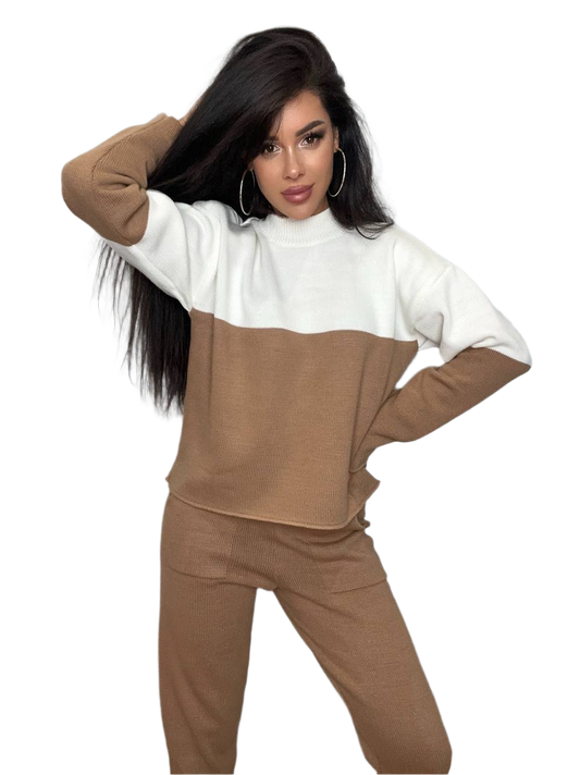 Woman wearing a brown and white outfit on a white background