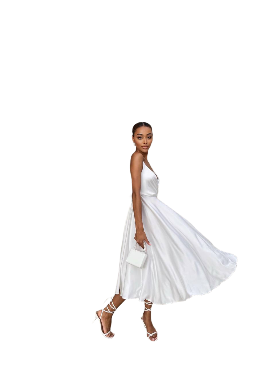 Woman wearing a white dress with a plain background