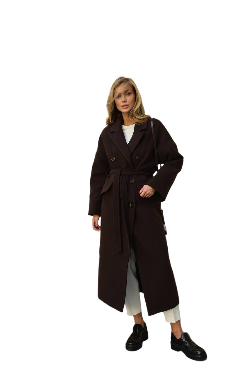 Womens Long Dark Brown Coat Button Belted Elegant Winter Outerwear