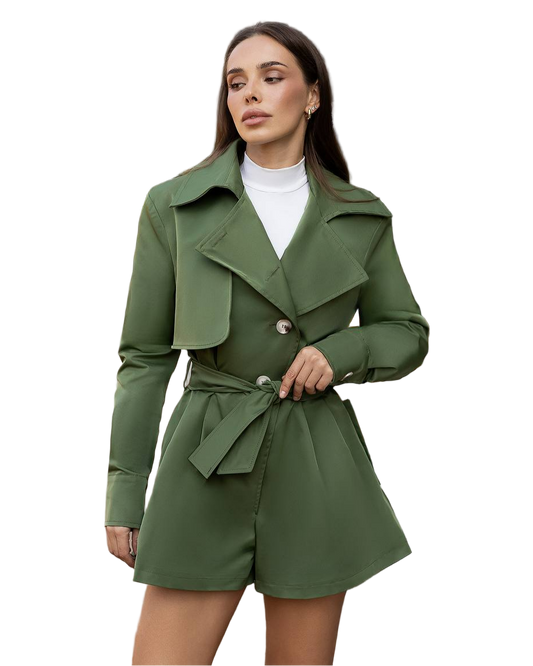 Khaki Romper Trench for Women Cotton Memory Lined