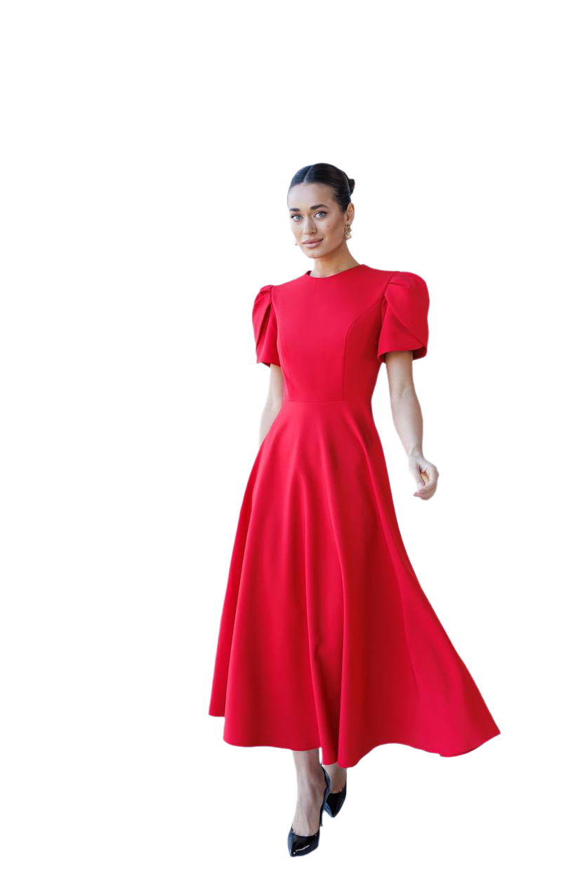 Elegant Red Midi Dress with Puff Sleeves for Women