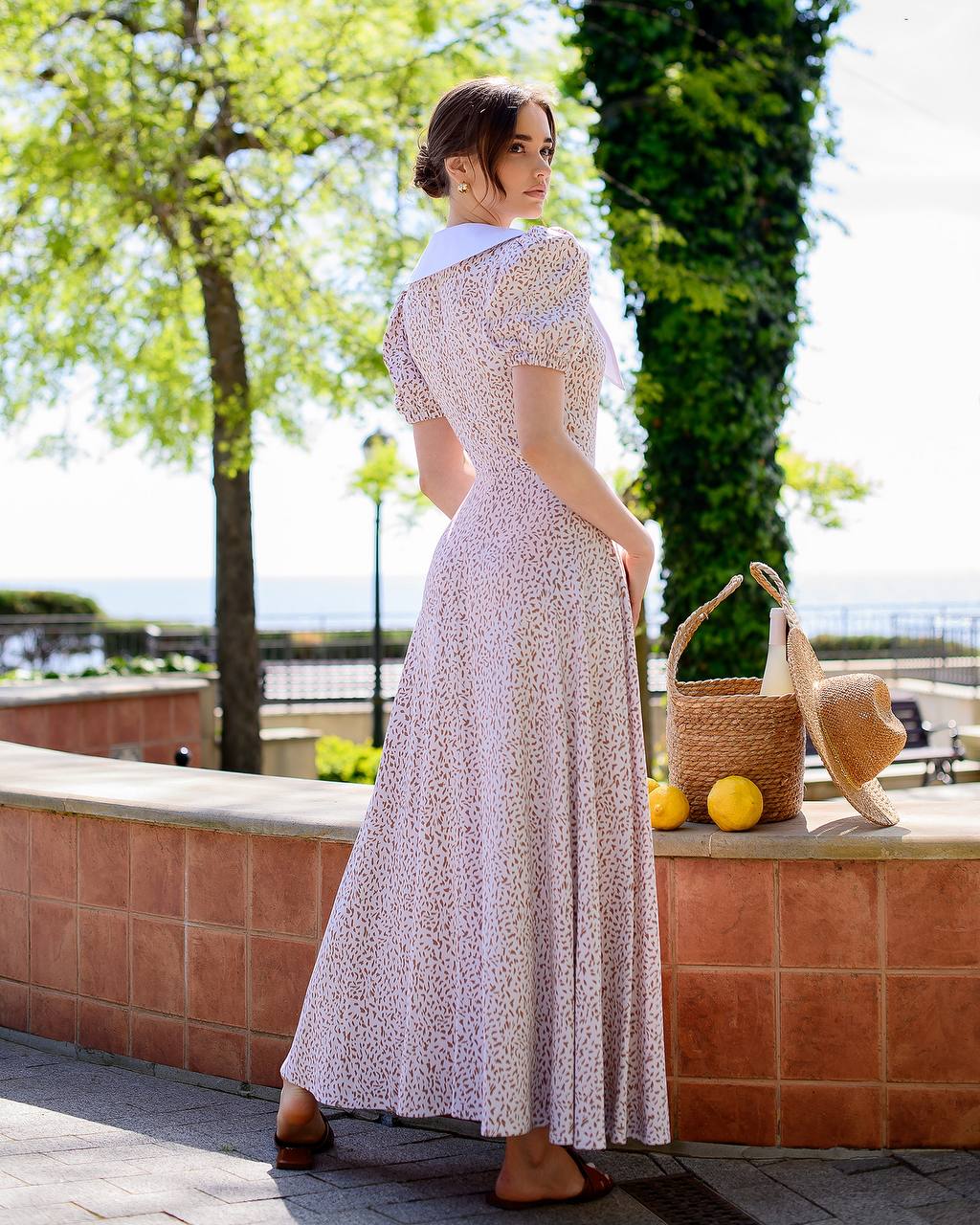 Elegant Printed Dress with Puff Sleeves and Wide Collar