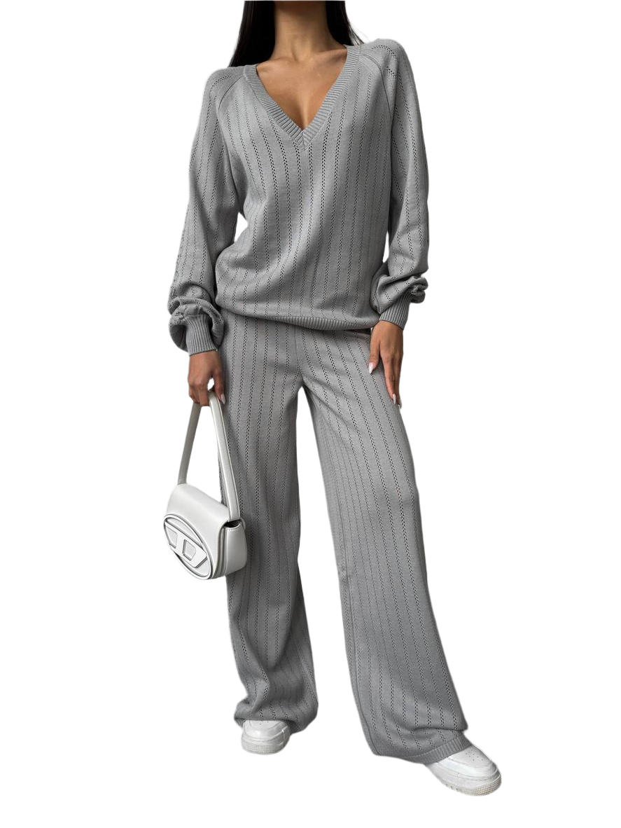 Spring Womens Knit Suit with Dropped Sleeve and Wide Leg Trousers