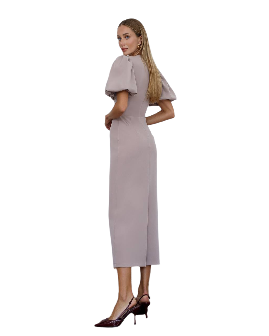 Elegant Midi Dress with Puff Sleeves and Cutout Detail