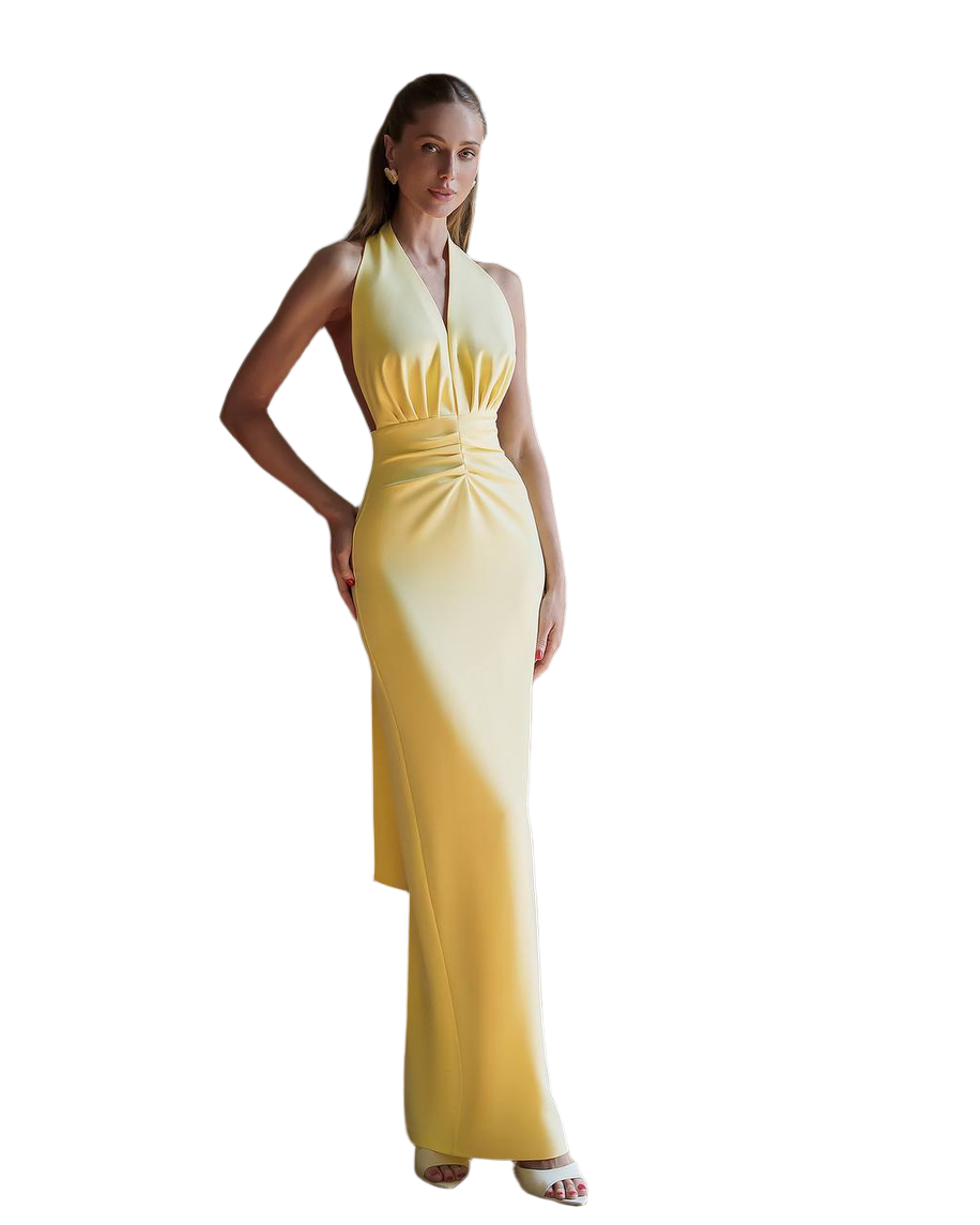 Premium Suit Crepe Diagonal Evening Dress Long Yellow