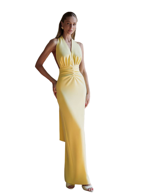 Premium Suit Crepe Diagonal Evening Dress Long Yellow