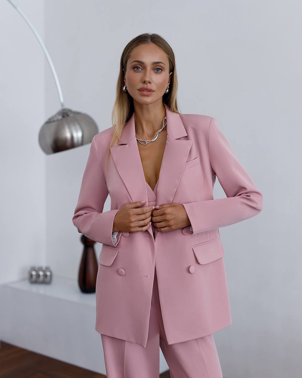 Pink Prom Bridal Wedding Cocktail Graduation Three Piece Womens Suit Jacket Top Trousers Elegant Business Outfit Pantsuit Palazzo Pants