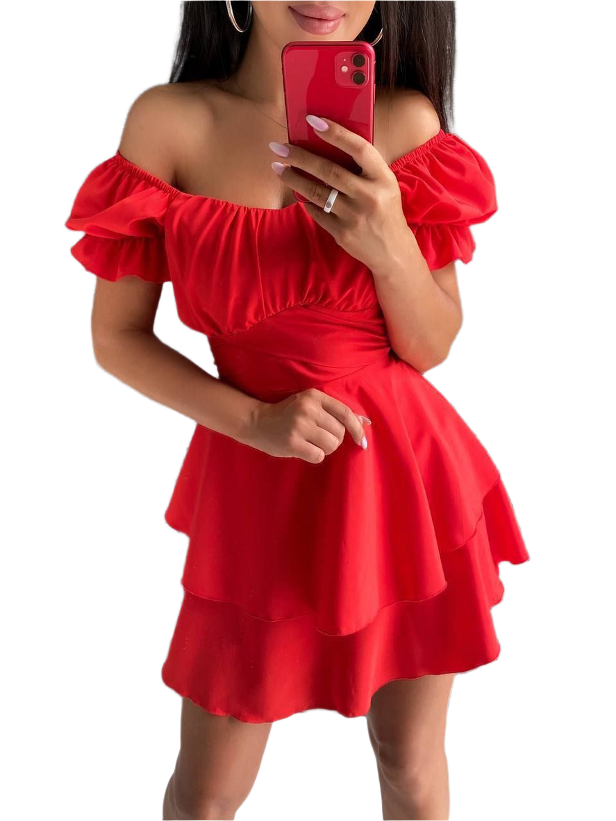 Red off-shoulder dress worn by a person on a white background