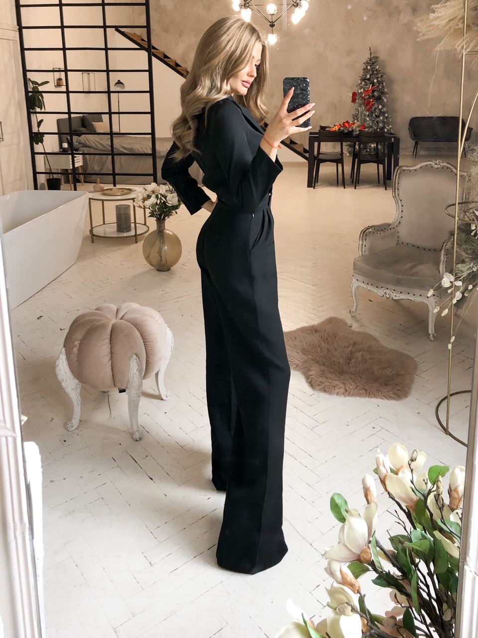 Elegant Black Jumpsuit for Women in Suit Diagonal Crepe Fabric