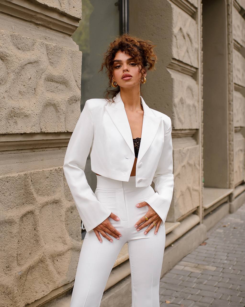 Premium Diagonal Crepe Women's Suit Blazer with Lining and Trousers in White
