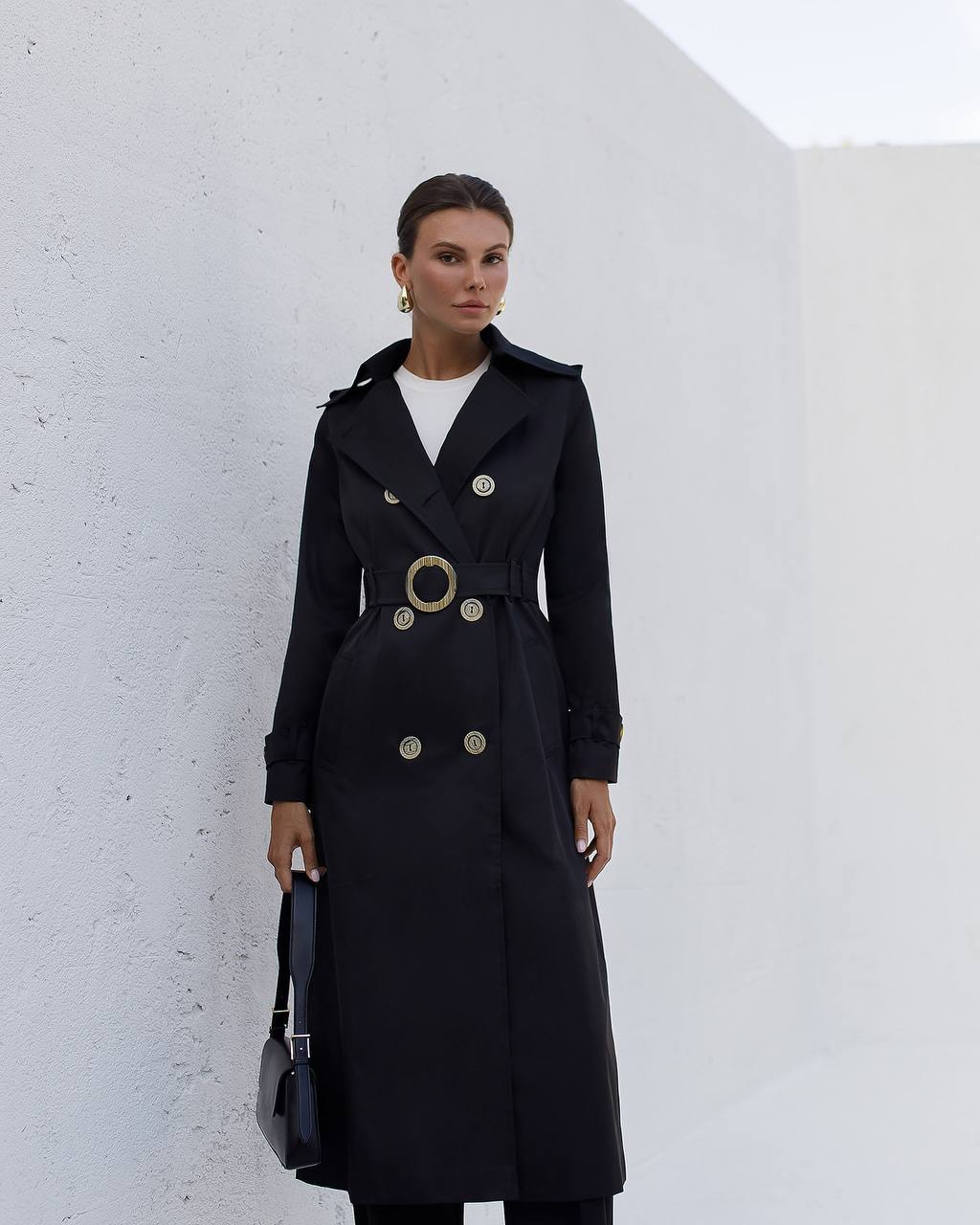 Stylish Black Trench Coat for Women with Belt and Pockets