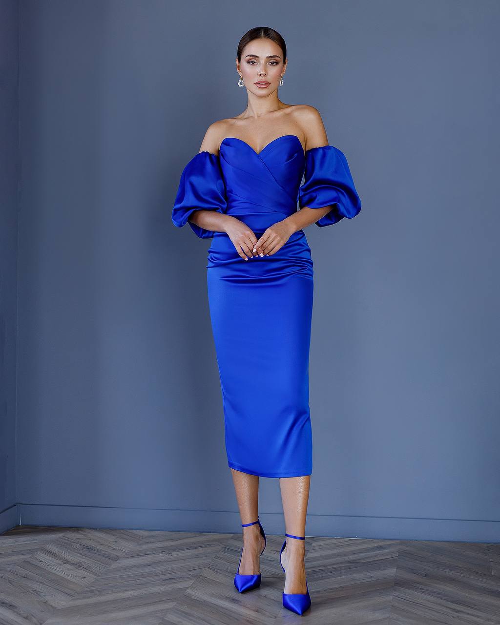 Royal Blue Midi Corset Dress with Puffed Sleeves