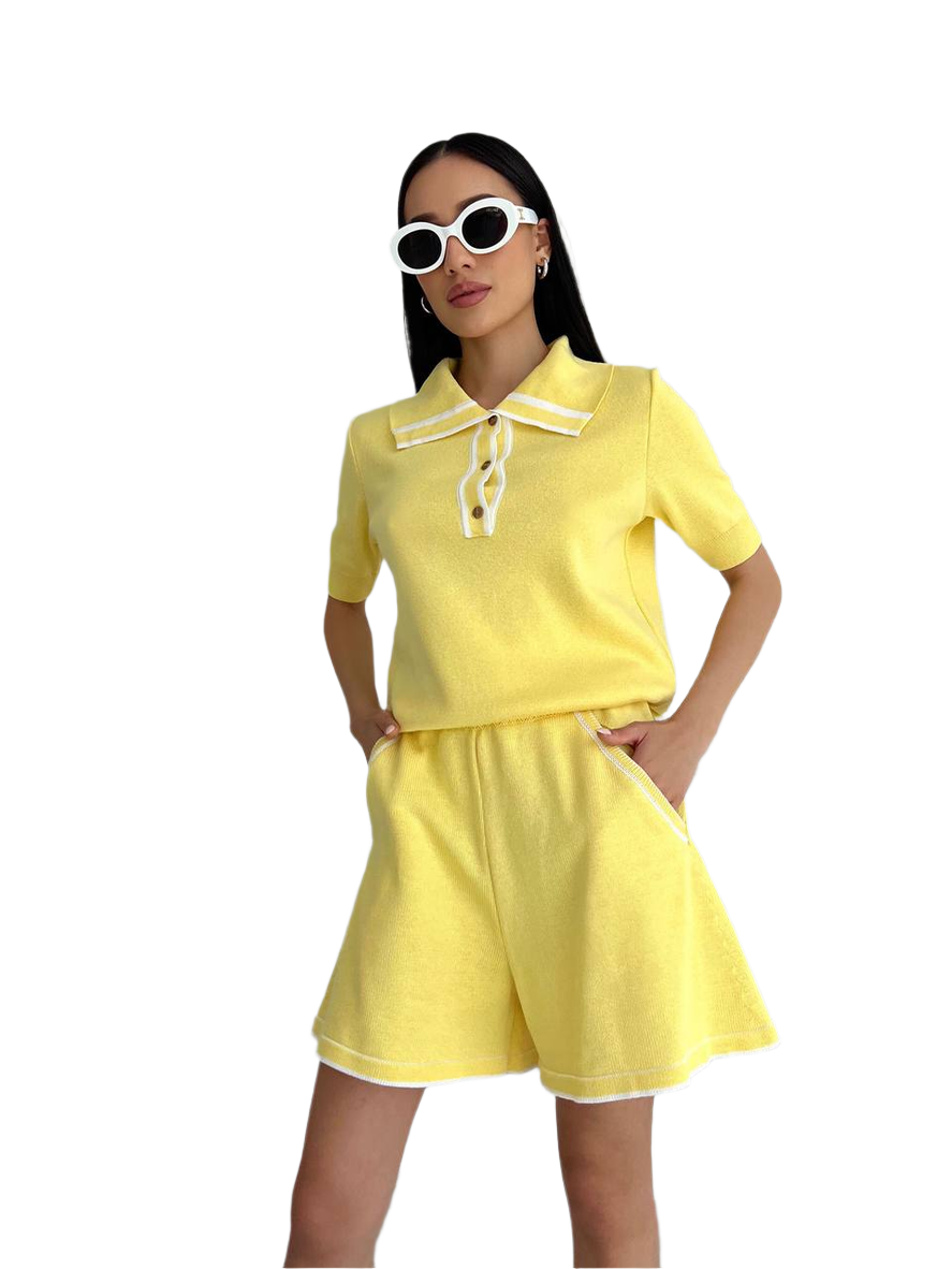 Loren Yellow Shorts Suit Women 100% Cotton Summer Outfit