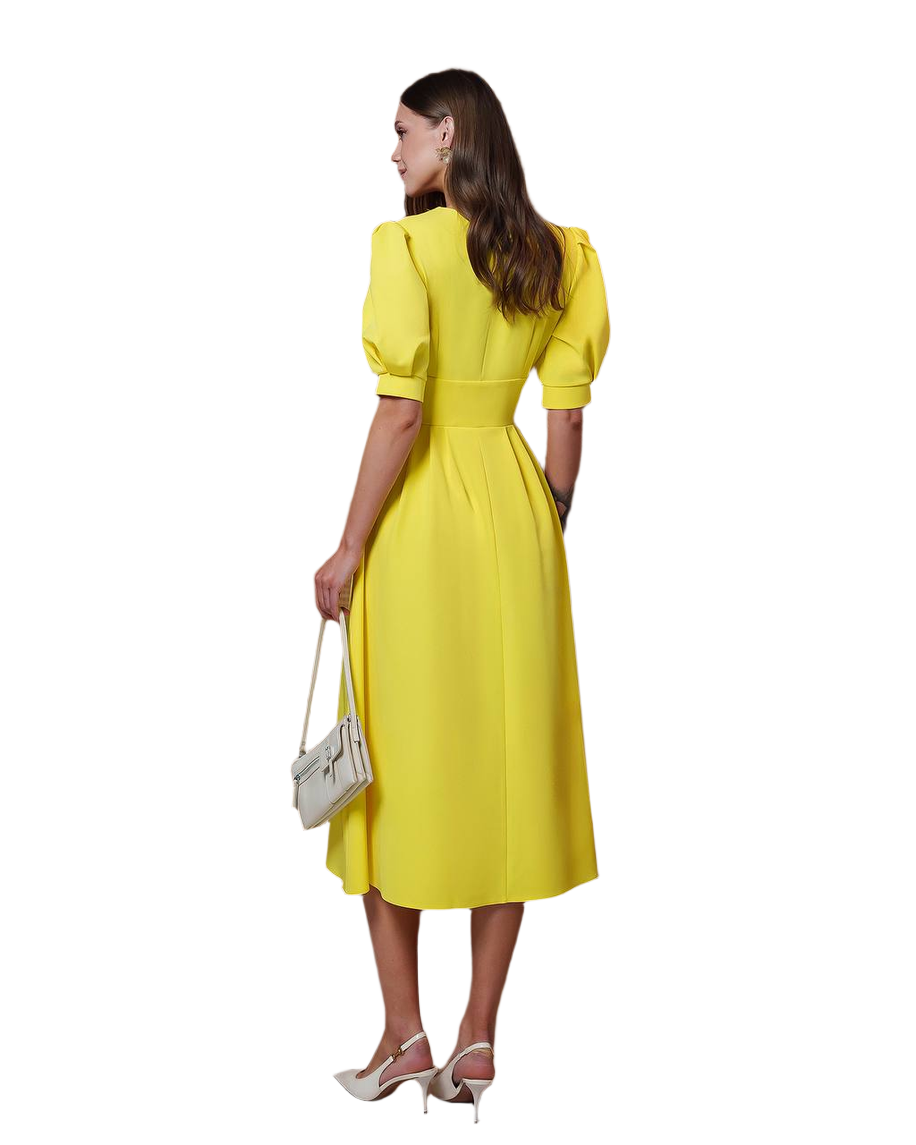 Elegant Yellow Midi Dress Women Premium Crepe Fabric