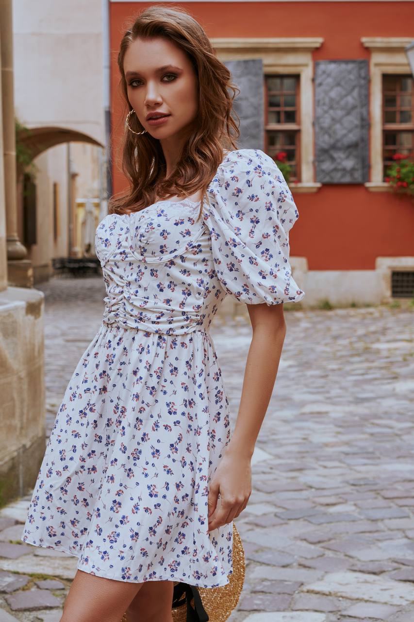 Floral Print Off Shoulder Dress in Milk Lavender and Blue