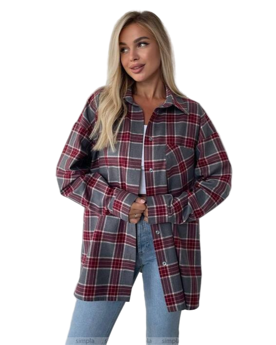 Oversized Flannel Shirt with Red and Grey Plaid Pattern