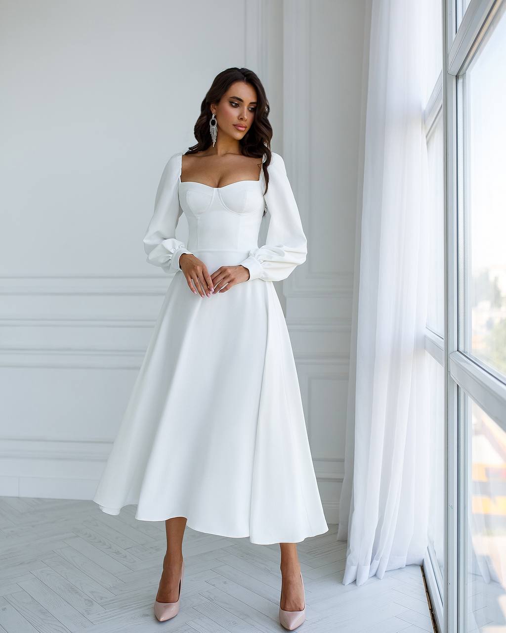 White Midi Dress with Cups and Long Puff Sleeves for Women