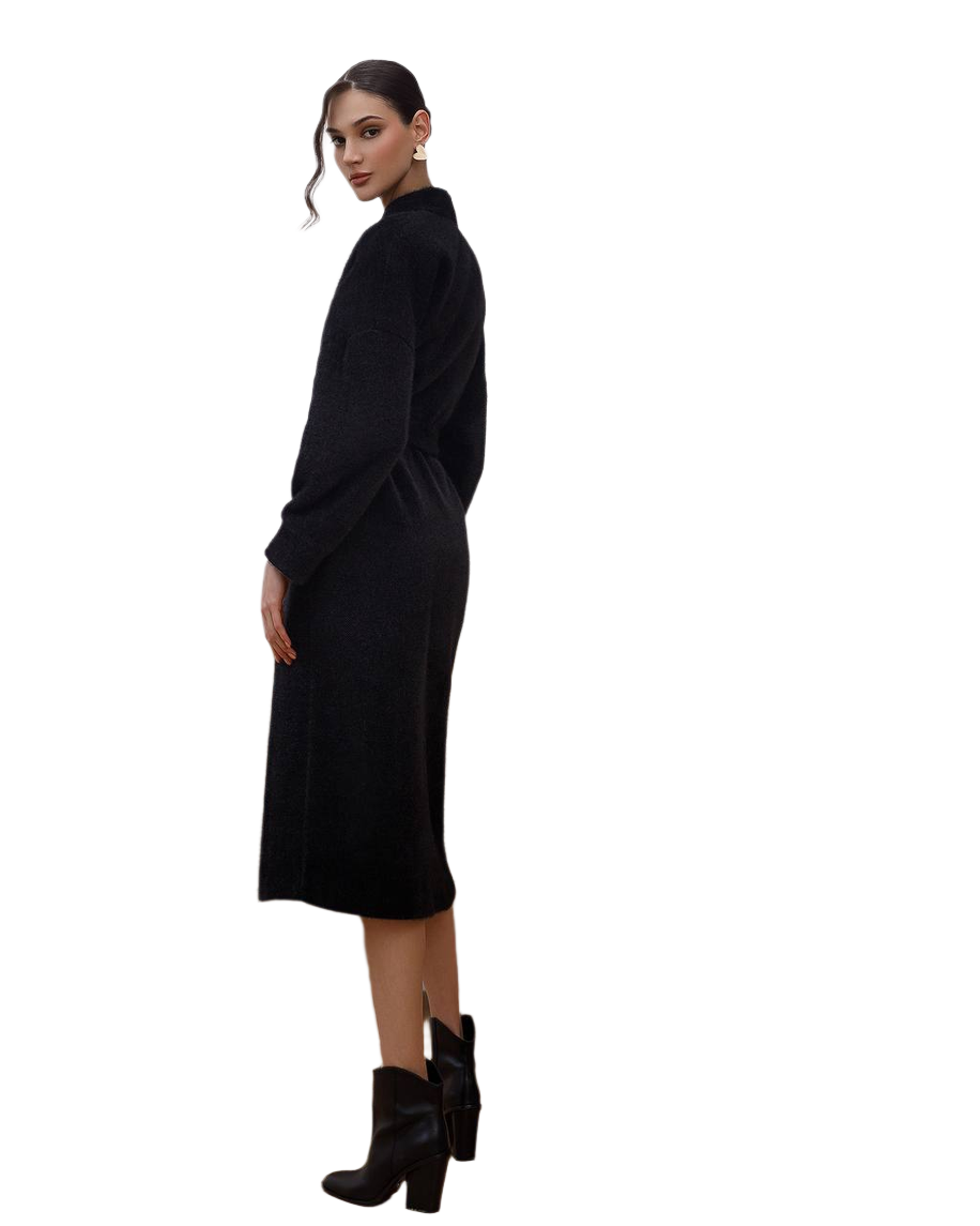 Silva Fluffy Black Long Cardigan with Belt for Women