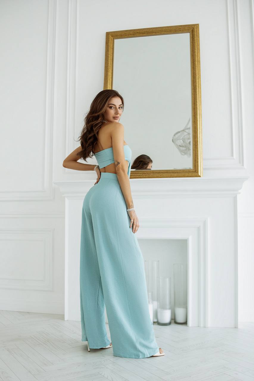 Women Light Blue Palazzo Pants and Multifunctional Top Set